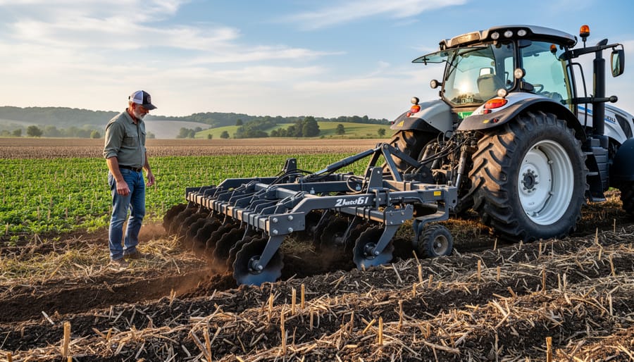 No-till seeding equipment planting crops through residue cover on Alberta farm