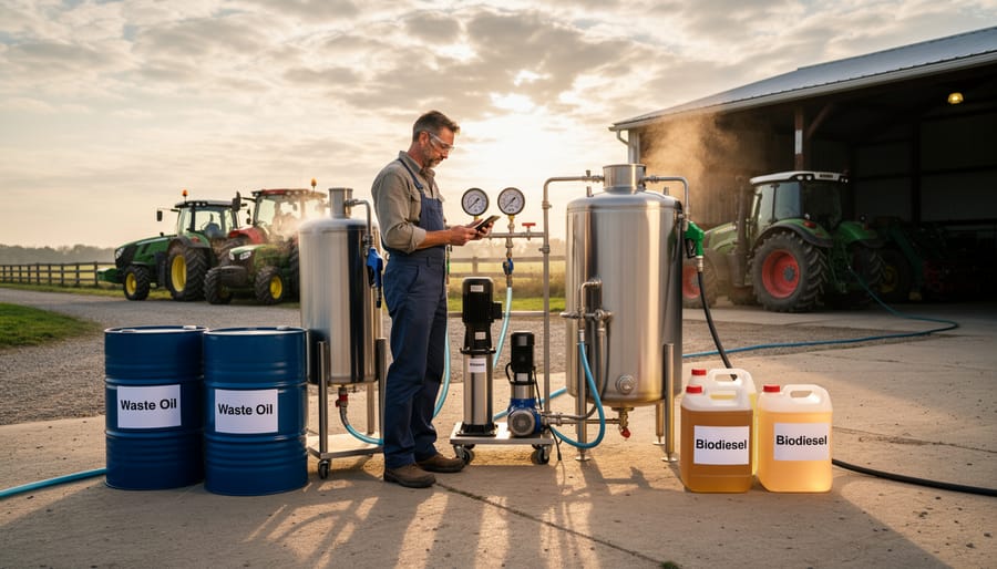 Biodiesel fuel being dispensed into container on farm