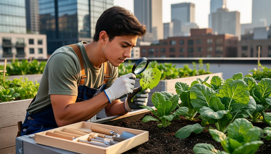 Farmer inspecting plant leaves for pest damage in urban garden