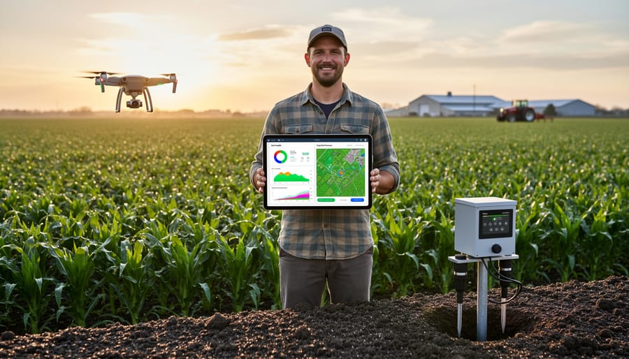 Farmer's hands holding smartphone with agricultural monitoring app over soil
