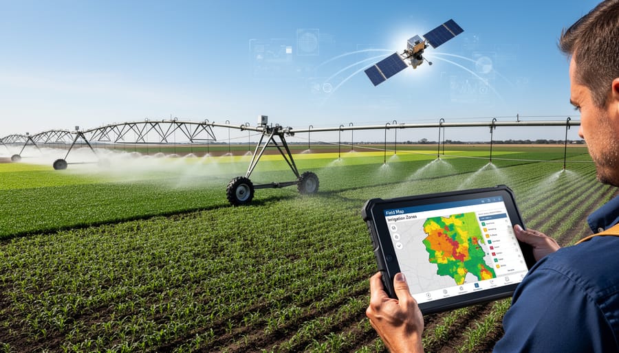 Center pivot irrigation system watering wheat field with rainbow visible in water spray