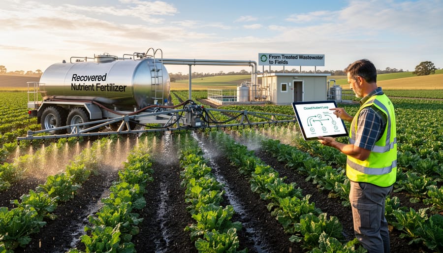 Farmer holding recovered phosphorus crystals and nutrient-rich biosolids from treated wastewater