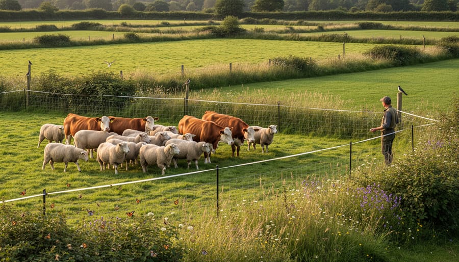 Cattle grazing in managed pasture rotation system with fenced paddocks and rolling hills in background