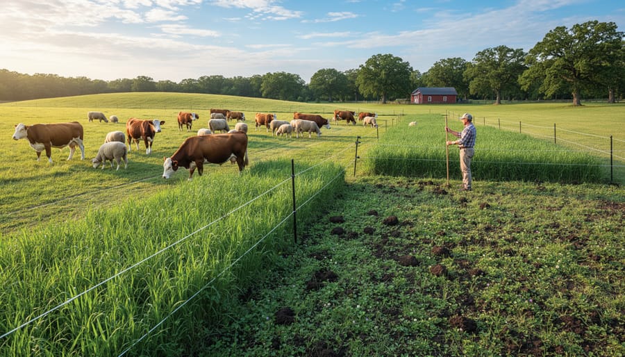 Cattle in rotational grazing paddock system with visible fence divisions across pasture