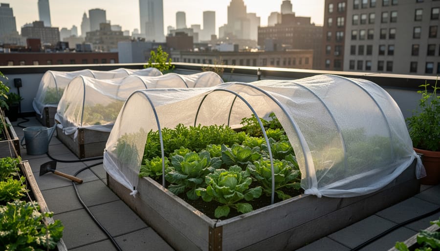 Row covers protecting urban vegetable garden beds from pests