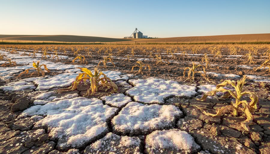 Close-up of saline soil showing white salt crust deposits on cracked earth in agricultural field