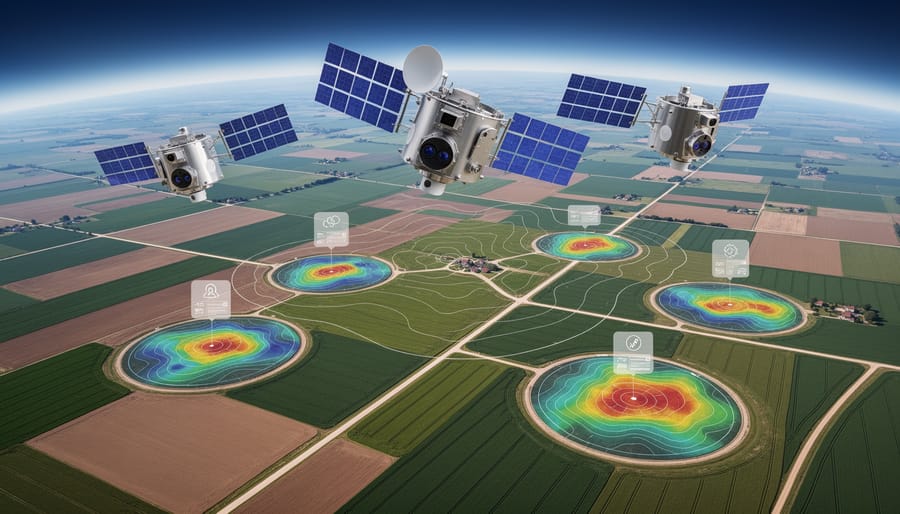 Satellite with extended solar panels orbiting above Earth with agricultural landscape visible below