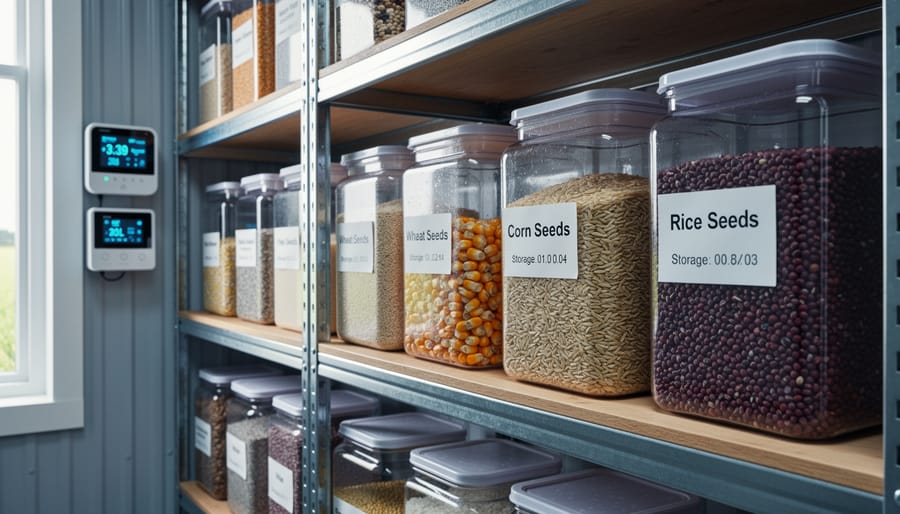 Mason jars containing preserved seeds stored on wooden shelf