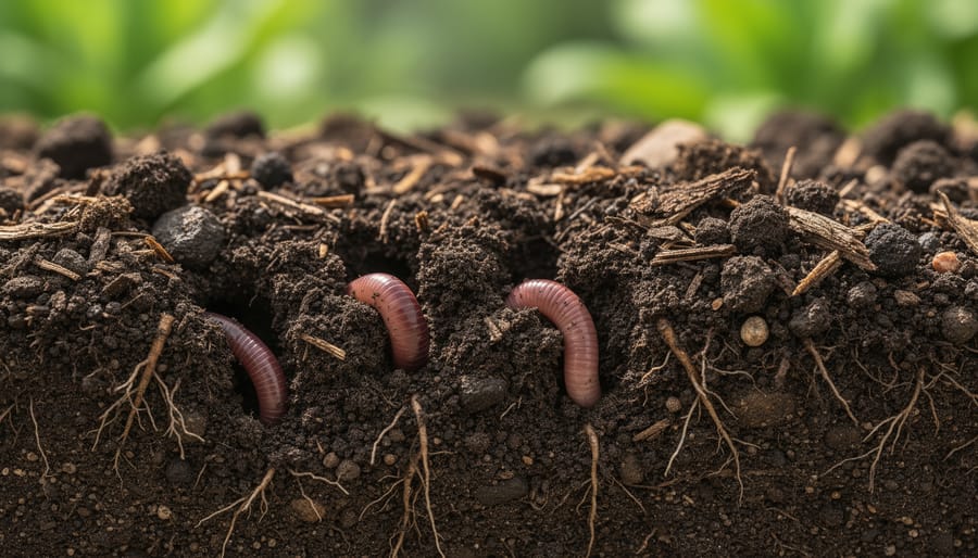 Farmer's hands holding dark soil sample with visible earthworm and organic matter