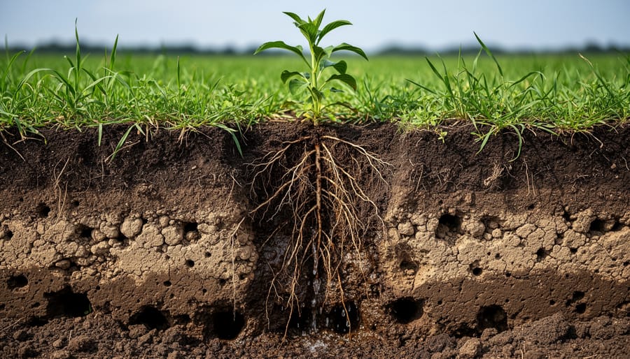 Cross-section view of soil layers showing aggregate structure and plant root systems
