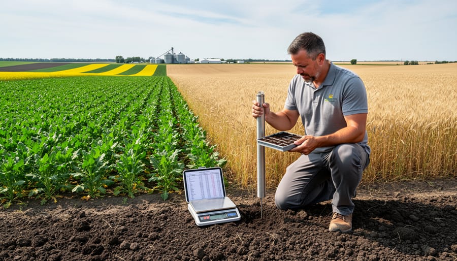 Healthy uniform wheat crop growing in Alberta field with irrigation equipment visible