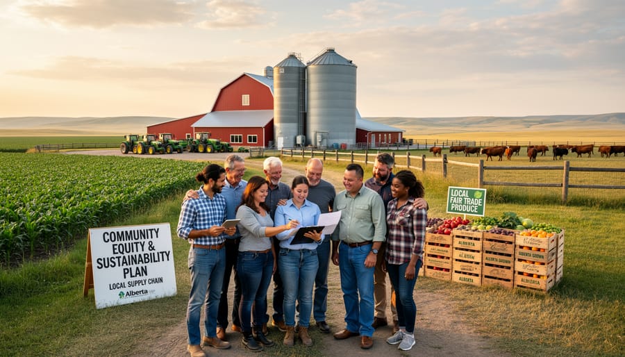 Modern Alberta farm with workers in fields under prairie sky