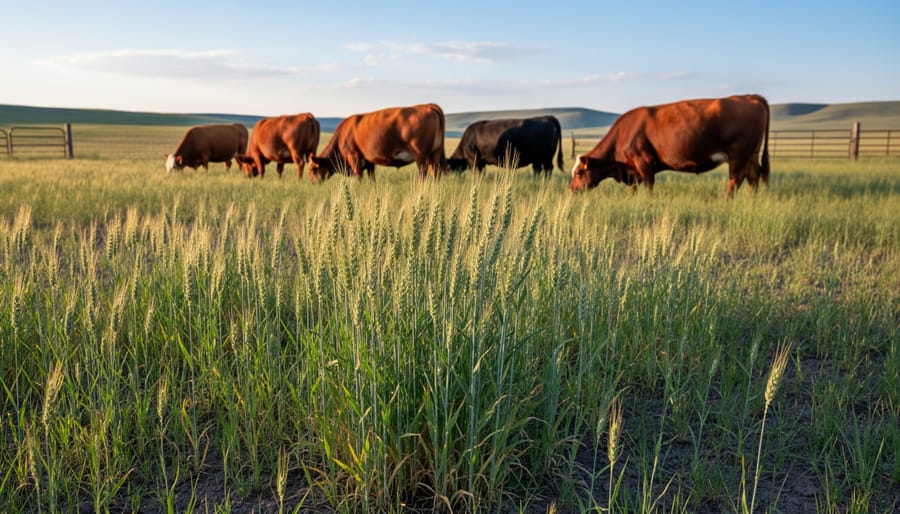 Tall wheatgrass with seed heads growing in field under golden sunlight