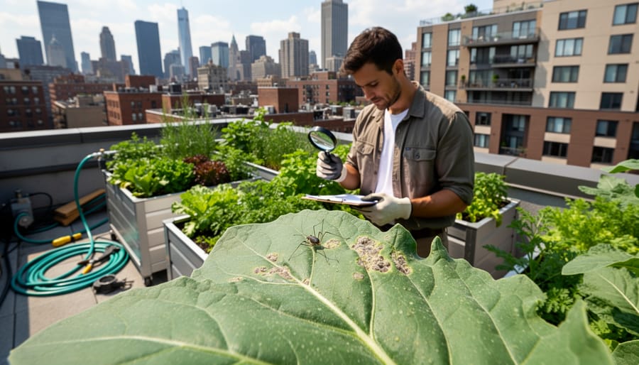 Rooftop urban farm with raised beds growing vegetables in city setting
