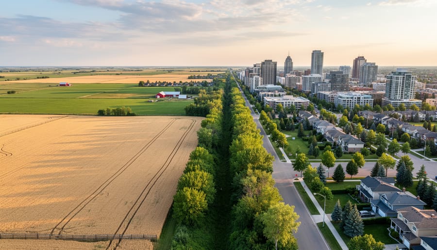 Aerial view of Alberta farmland transitioning into tree-lined urban neighborhoods