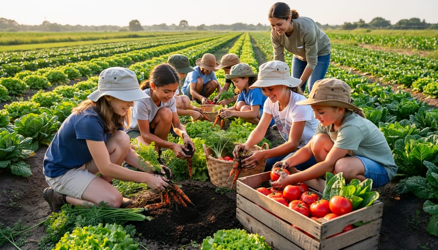 Children harvesting vegetables in farm garden during educational program