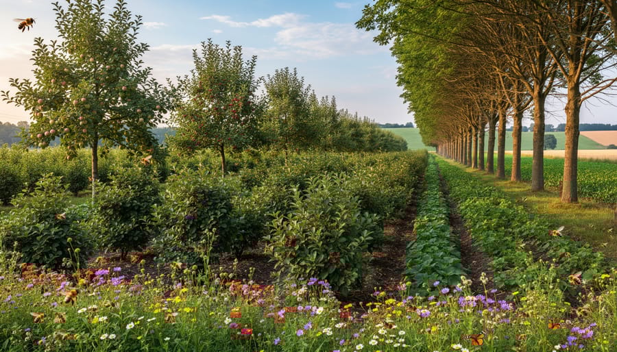 Diverse windbreak with trees, shrubs, and wildflowers along farm field edge