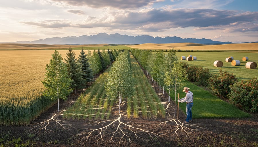 Rows of young trees planted in agroforestry system on prairie farmland