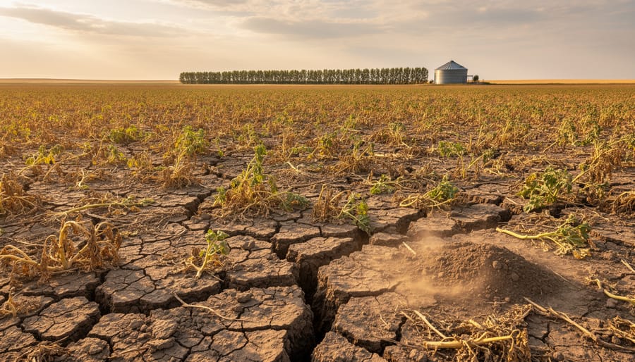 Cracked dry soil and drought-stressed wheat crops in Alberta prairie farmland