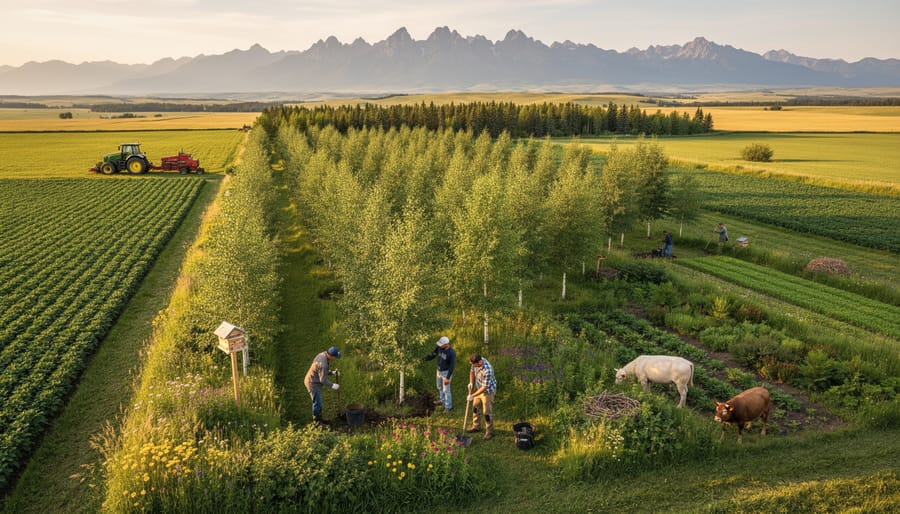 Farmer inspecting diverse agroforestry system with trees, shrubs, and understory plants