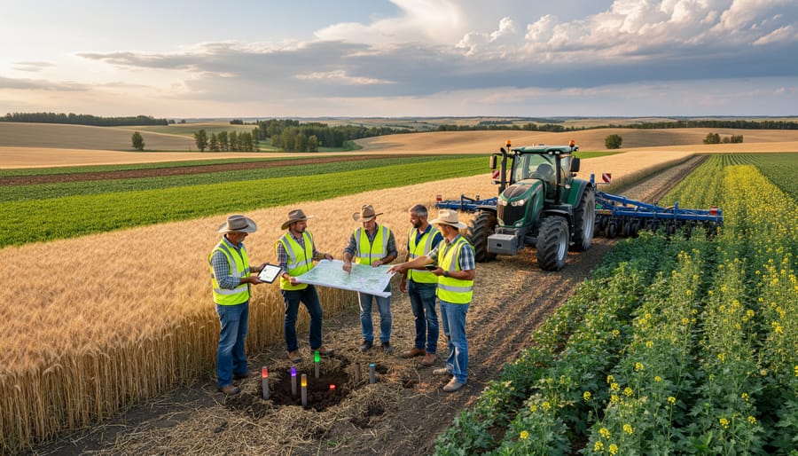 Alberta farmer standing in diversified crop field showing multiple crop varieties