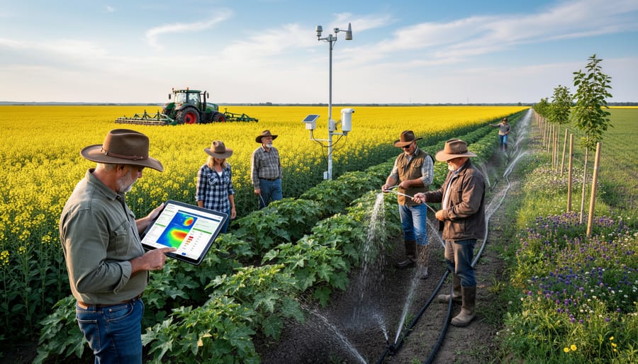 Alberta farmer standing in wheat field with harvesting equipment