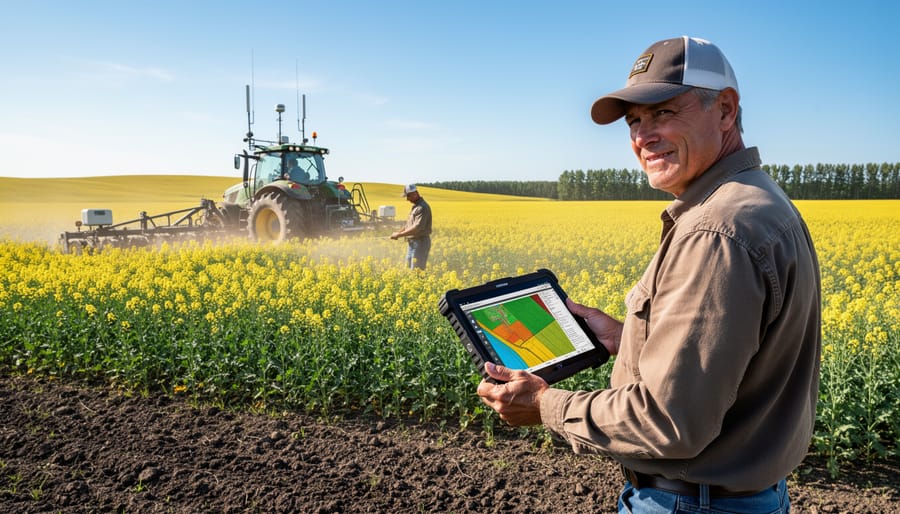 Alberta farmer reviewing field data on tablet with tractor in background