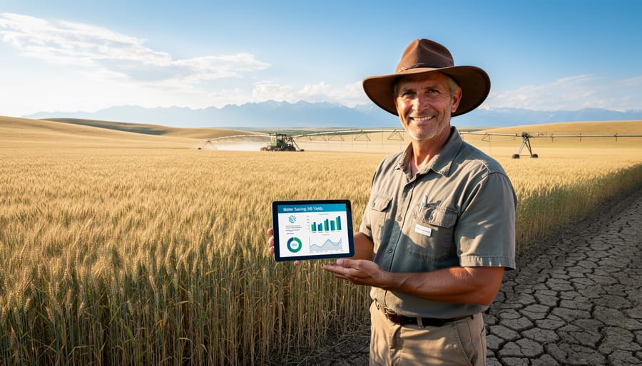 Alberta farmer standing in thriving drought-resistant crop field during golden hour