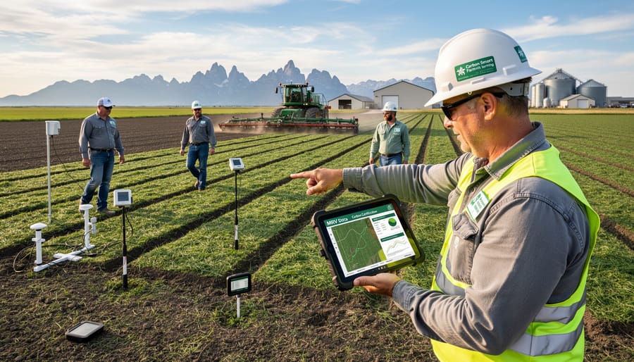 Two farmers discussing soil health practices in productive Alberta crop field