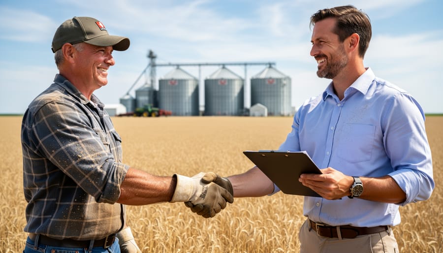 Grain farmer examining wheat in field with grain elevators visible in distance