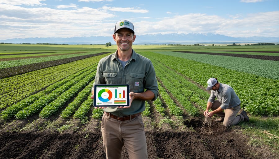 Panoramic view of Alberta organic farm with diverse crops and prairie landscape