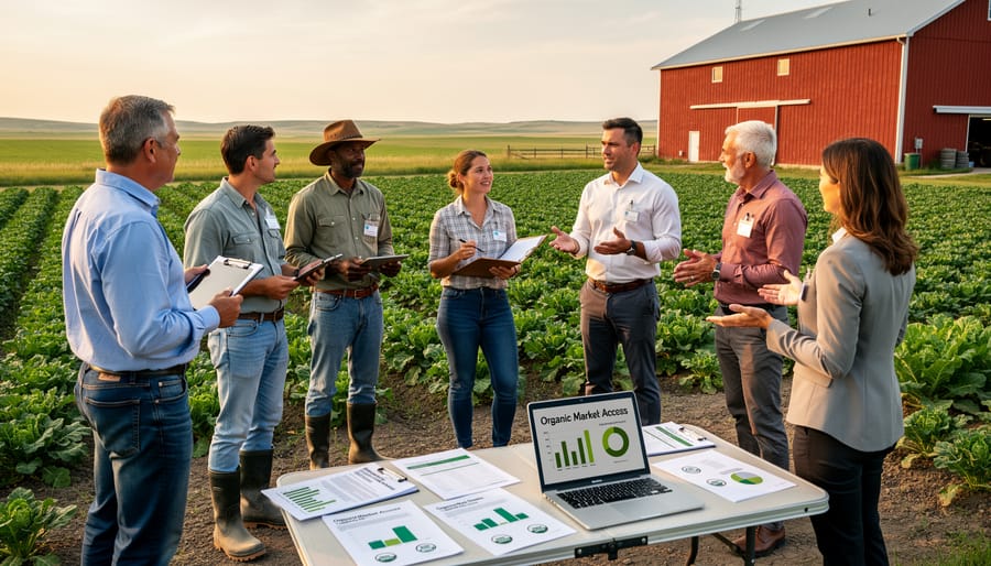 Organic farmer inspecting crops in Alberta field with clipboard for documentation