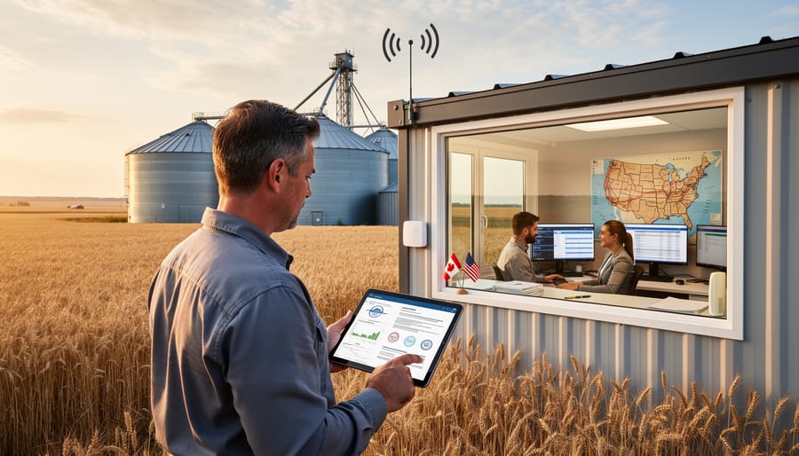 Alberta organic wheat field with grain storage facility and Rocky Mountains in background