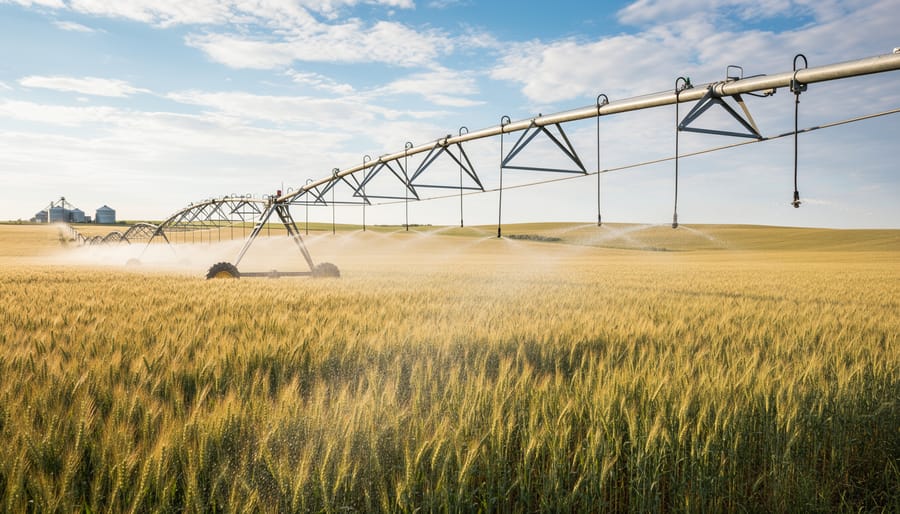 Center pivot irrigation system watering wheat field in Alberta with sunlight creating sparkle on water spray