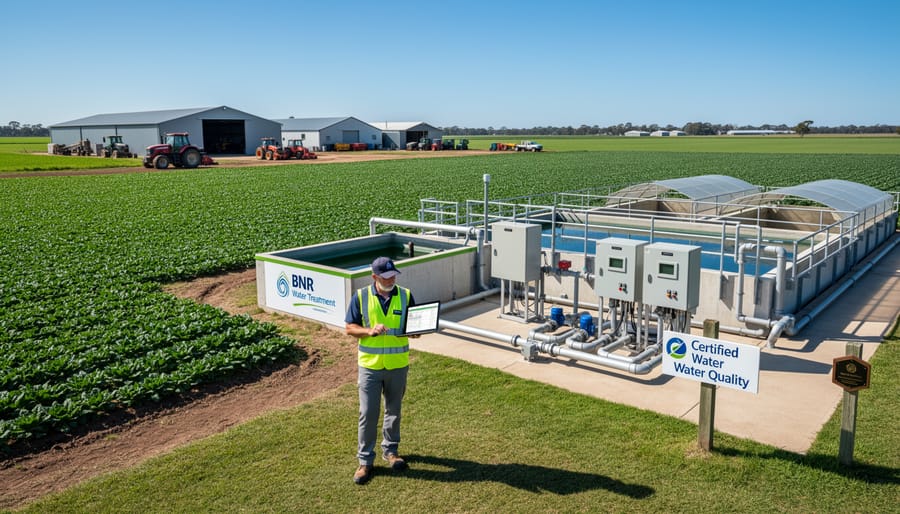 BNR water treatment system tanks installed at a dairy farm with barns in background