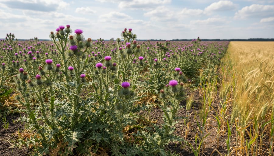 Close-up of Canada thistle with purple flowers growing among wheat crop