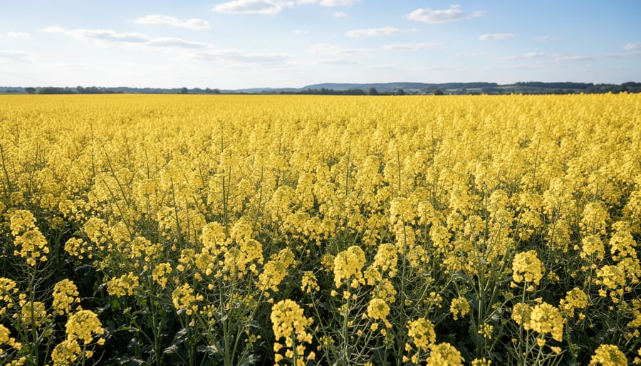 Close-up of blooming canola plant with water droplets showing healthy growth during peak water demand stage