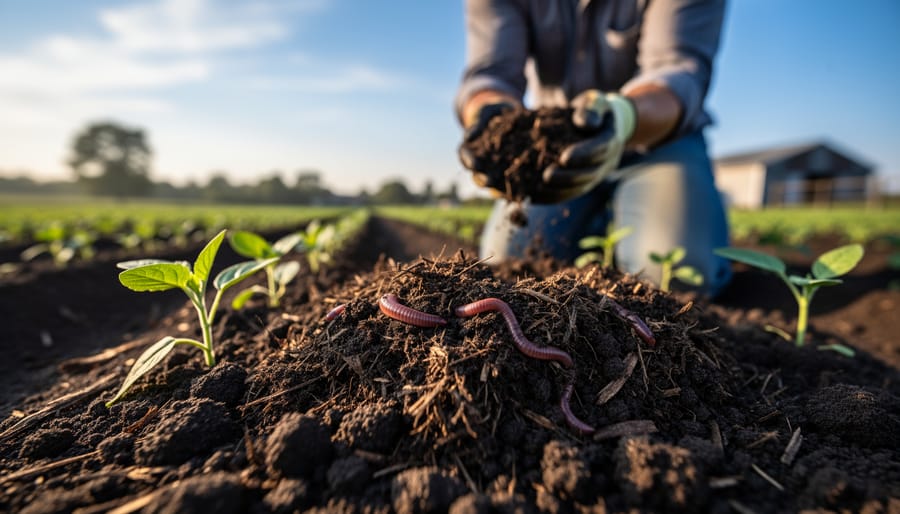 Farmer's hands holding dark nutrient-rich soil with visible organic matter in agricultural field