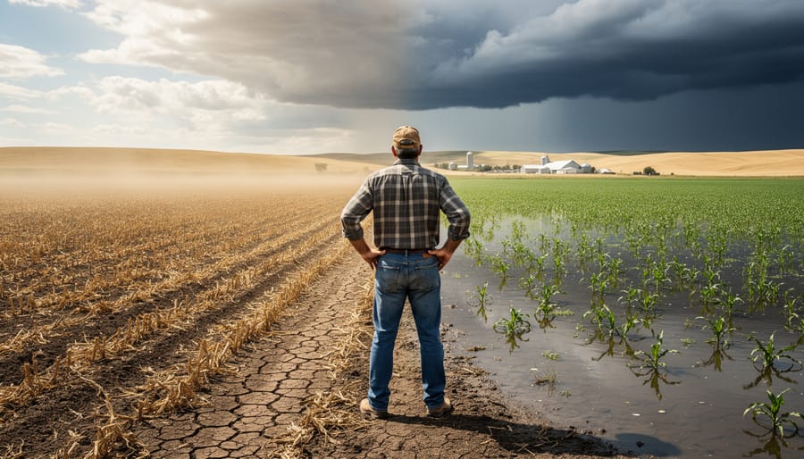 Agricultural field showing both drought-cracked soil and flooded conditions illustrating climate extremes