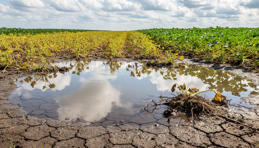 Standing water pooled on compacted agricultural soil showing poor drainage