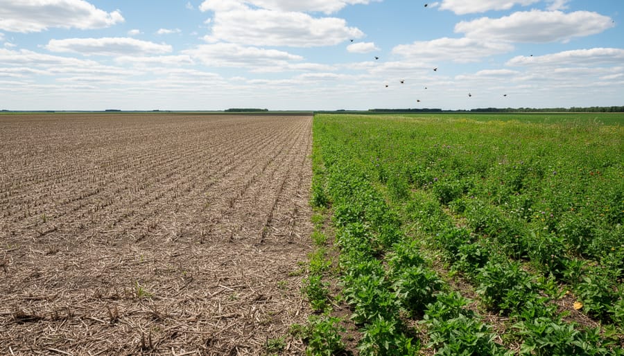 Aerial view comparing conventional tilled farmland with regenerative no-till fields showing crop residue