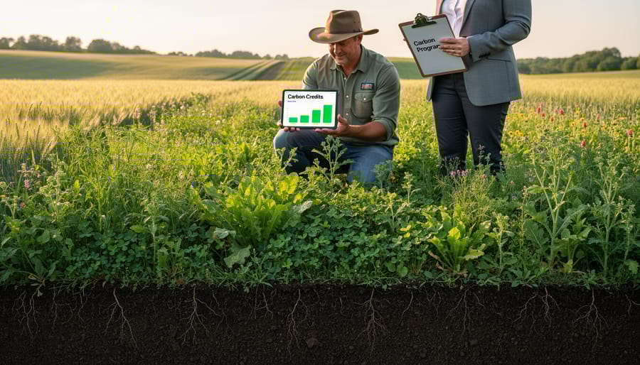 Lush cover crop field with multiple plant species growing under blue sky