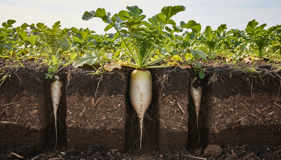 Tillage radish taproot penetrating through compacted soil layer