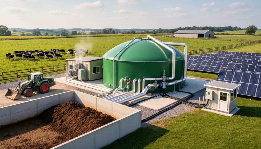 Biogas digester tank next to dairy barn with cows visible in doorway