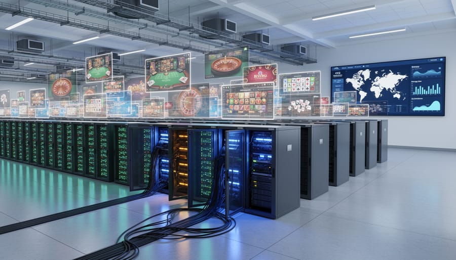 Interior view of industrial data center with rows of illuminated server racks