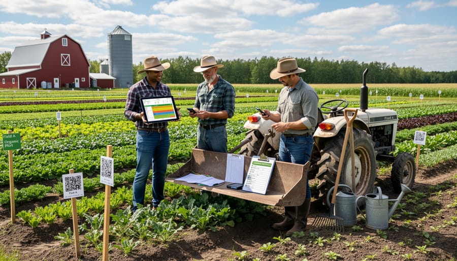 Alberta organic farmer using digital technology for farm record-keeping in wheat field
