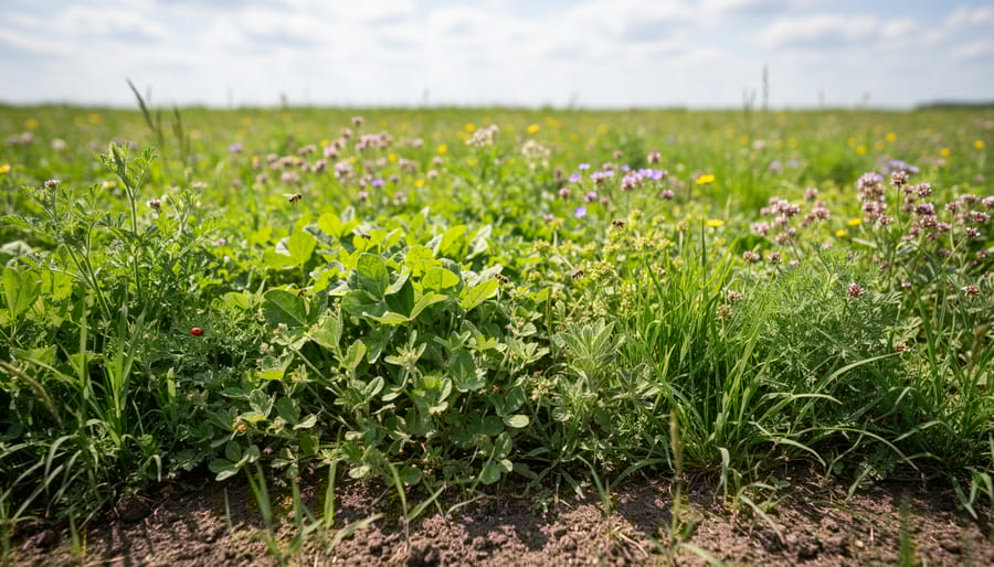 Diverse cover crop field with flowering purple vetch, white clover, and yellow mustard plants