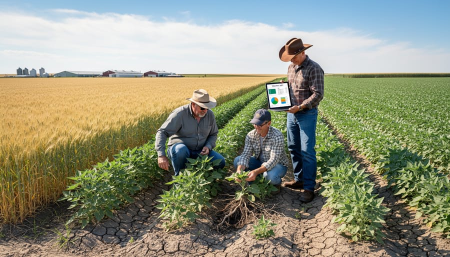 Farmer's hands holding assorted drought-resistant grain varieties including wheat, barley and lentils