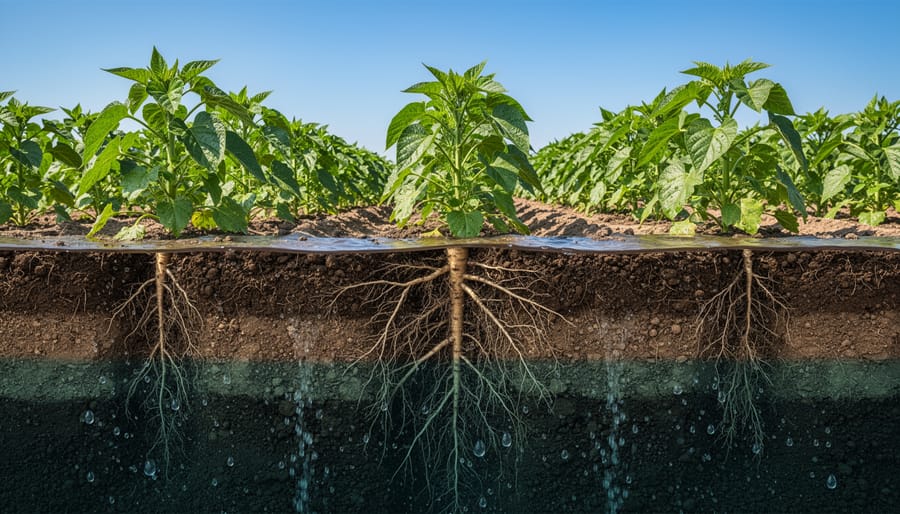 Cross-section view of drought-resistant wheat plant showing extensive deep root system in soil