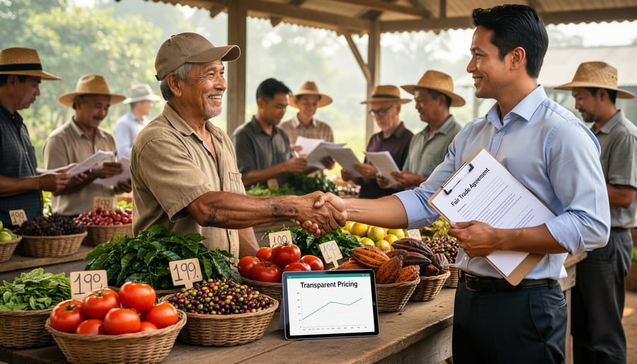Business handshake between farmer and buyer over desk with agricultural documents